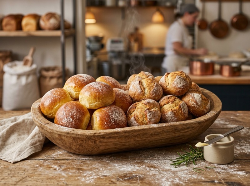 Fresh artisan dinner rolls and brioche rolls