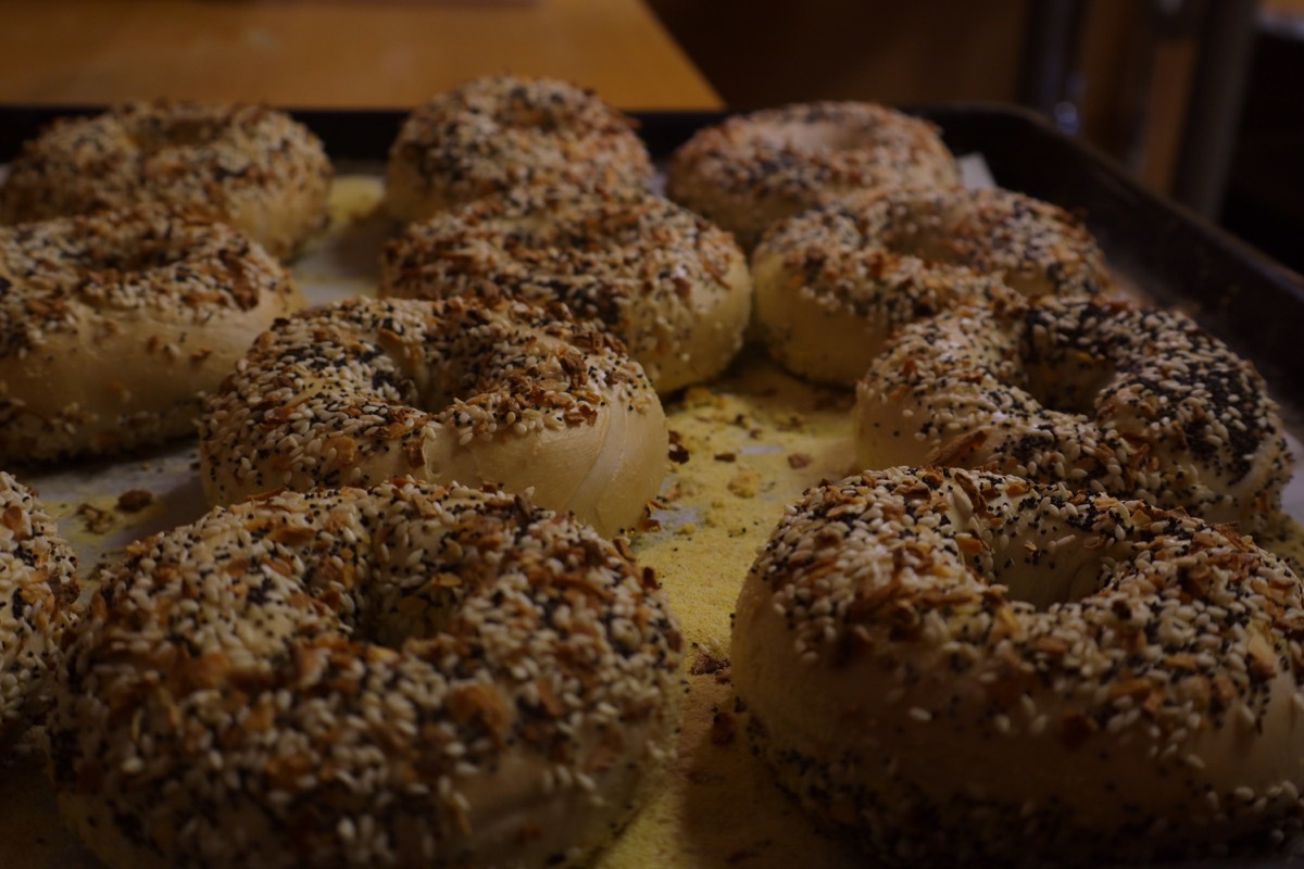 Tray of golden everything seeded bagels